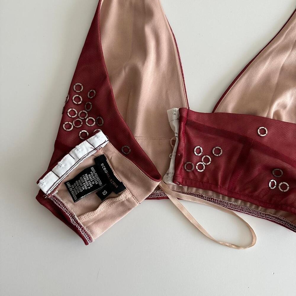 reworked BCBG Maxazria burgundy mesh halter top with silver metal rings - Picture 5 of 9